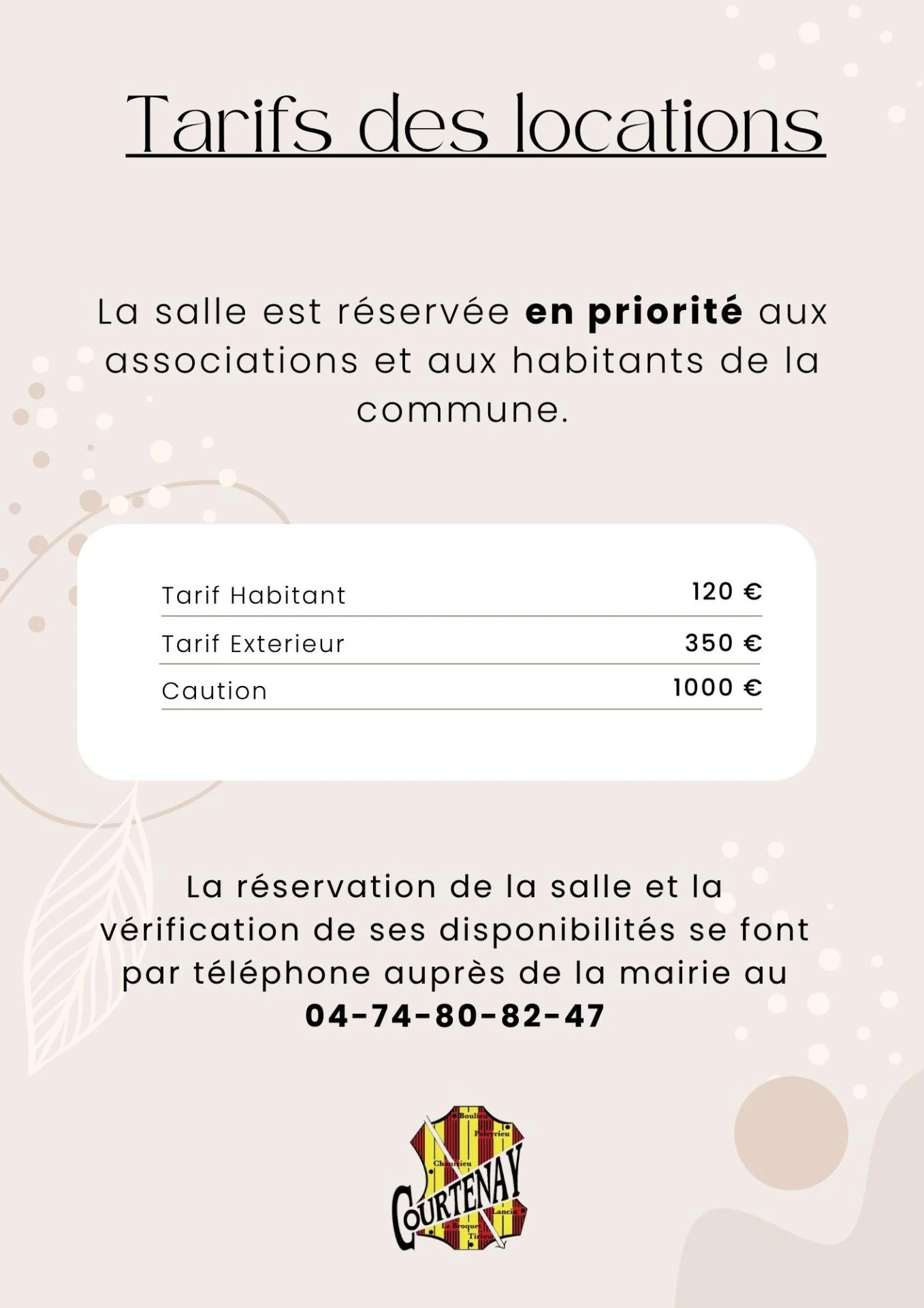 Tarifs location salle mairie